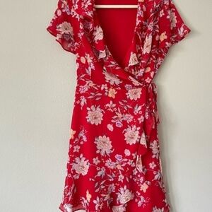 Small Lush Red Floral Mini Wrap Dress